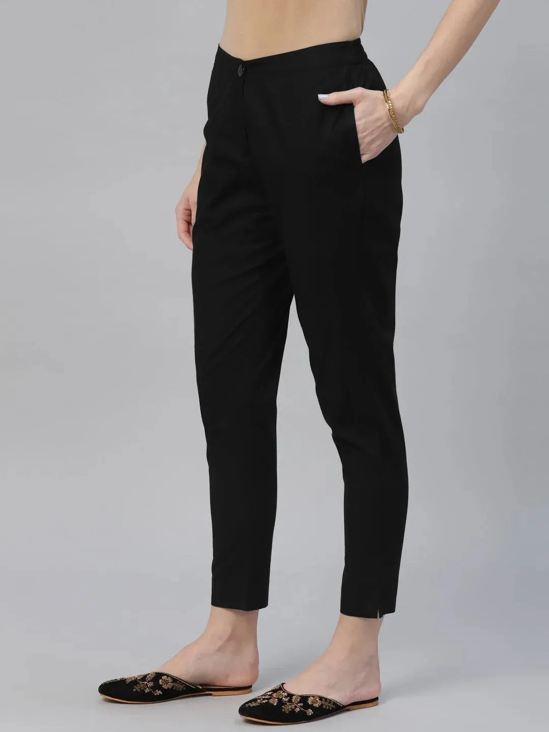 Black Solid Cotton Trousers