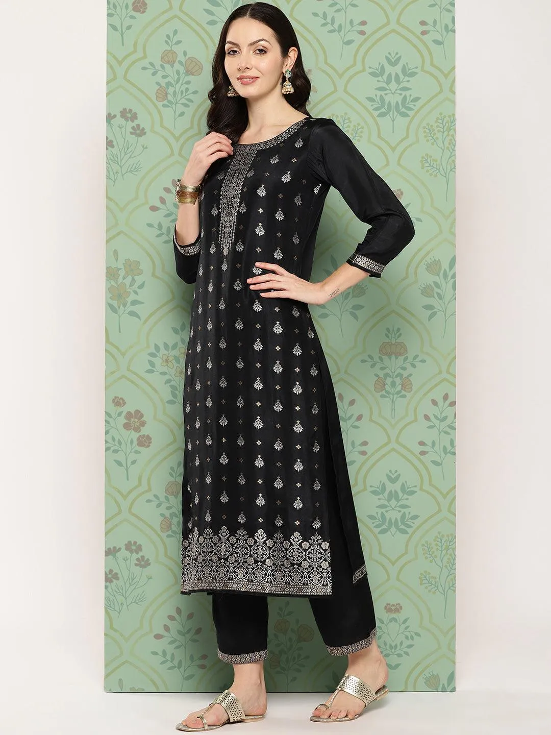 Black Woven Design Silk Blend Pakistani Suit