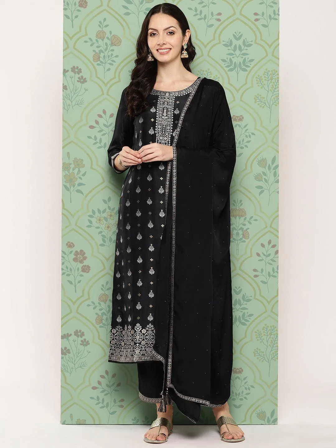 Black Woven Design Silk Blend Pakistani Suit