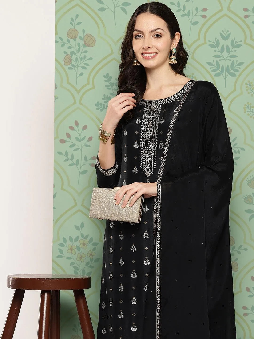Black Woven Design Silk Blend Pakistani Suit