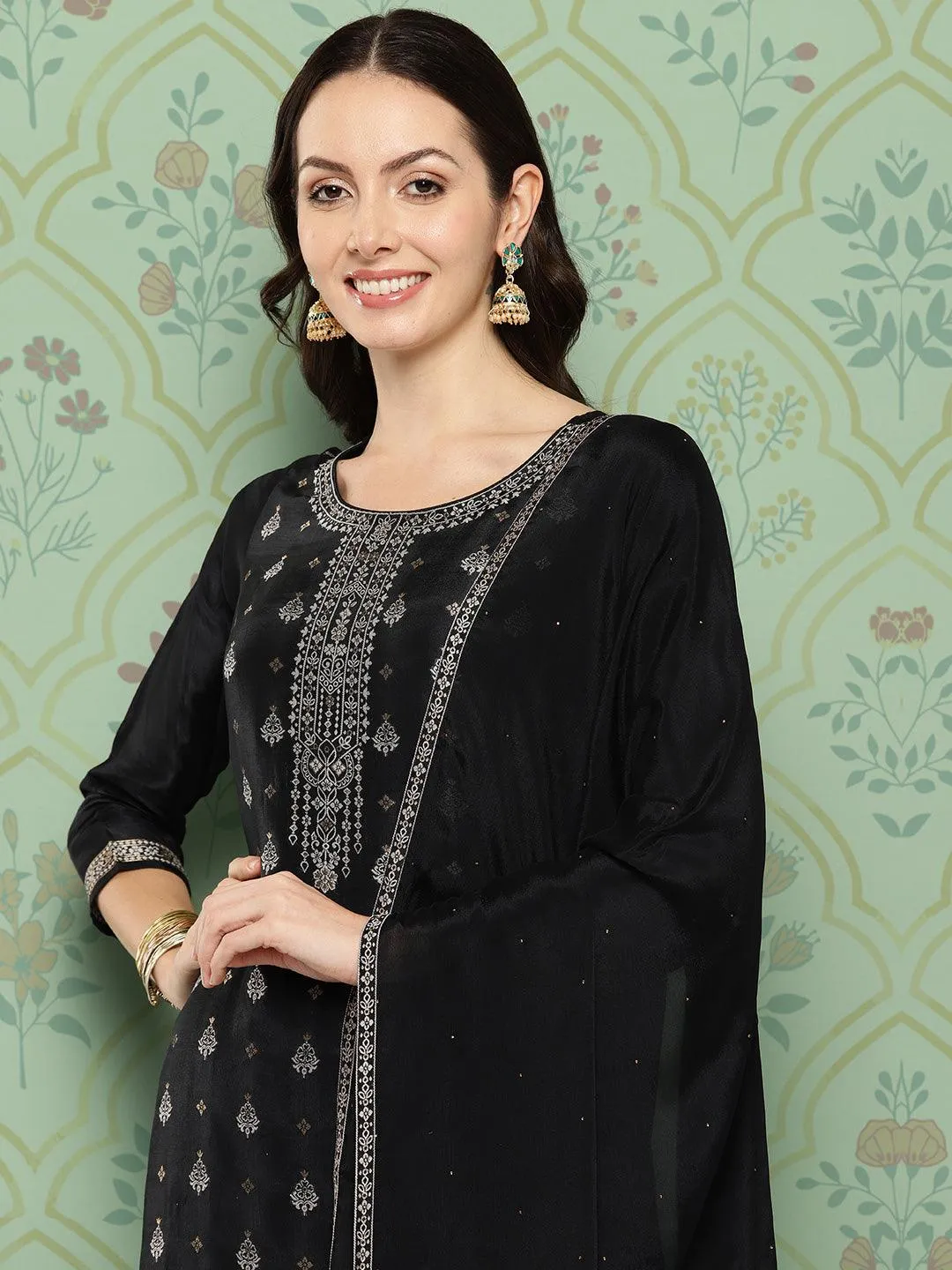 Black Woven Design Silk Blend Pakistani Suit