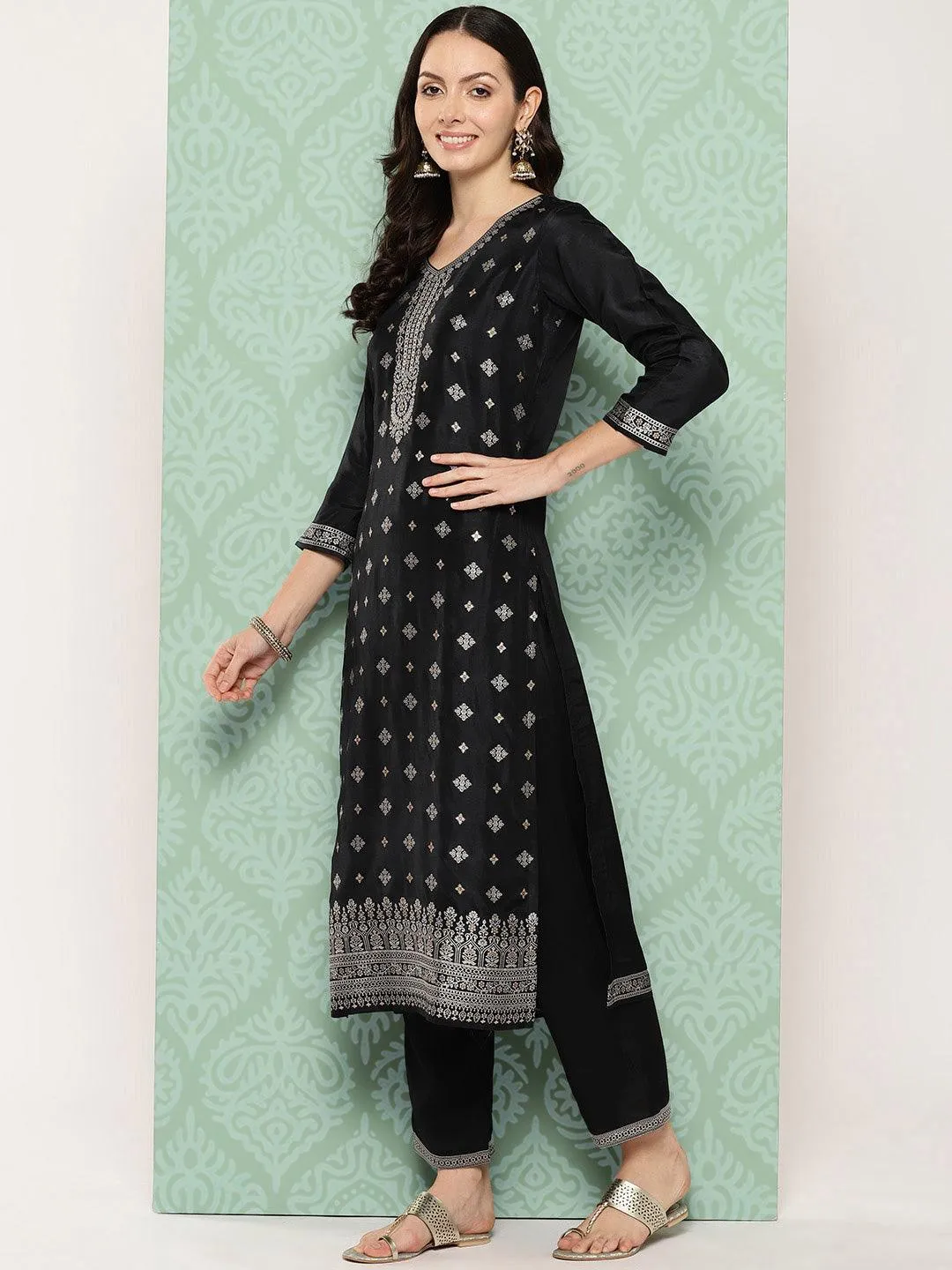 Black Woven Design Silk Blend Straight Suit With Dupatta