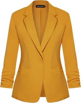Blazers for Women Dressy Casual Ruched 3/4 Sleeve Lapel Button Work Office Cardigan Suit Jacket with Pockets