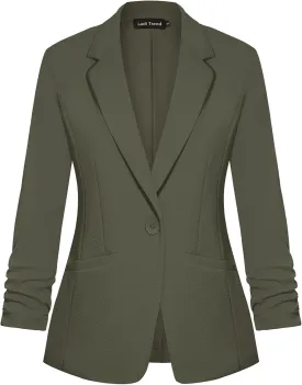 Blazers for Women Dressy Casual Ruched 3/4 Sleeve Lapel Button Work Office Cardigan Suit Jacket with Pockets