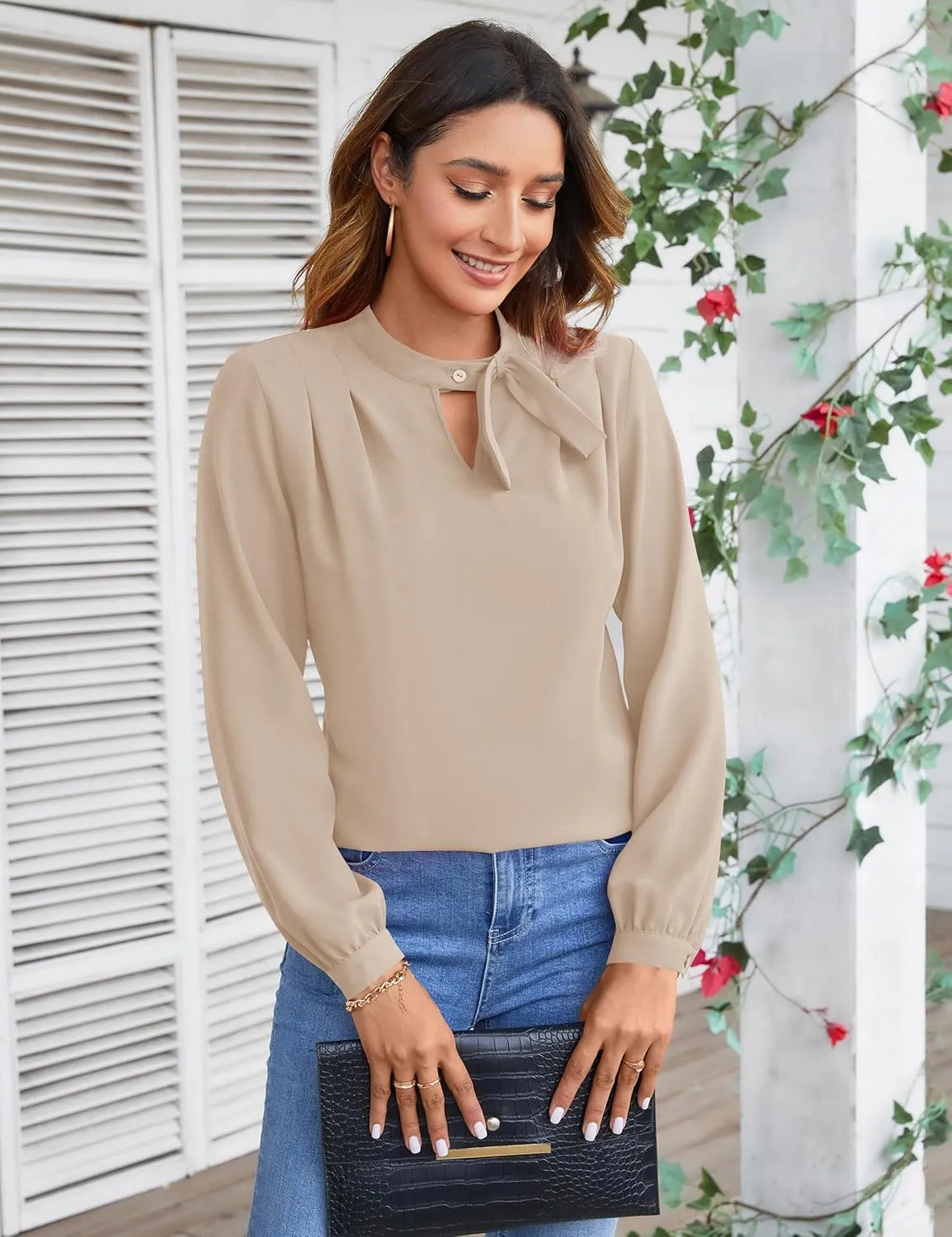 Blooming Jelly Womens Business Casual Tops Elegant Tie Neck Long Sleeve Dressy Fall Blouses 2024 Ladies Trendy Work Shirts