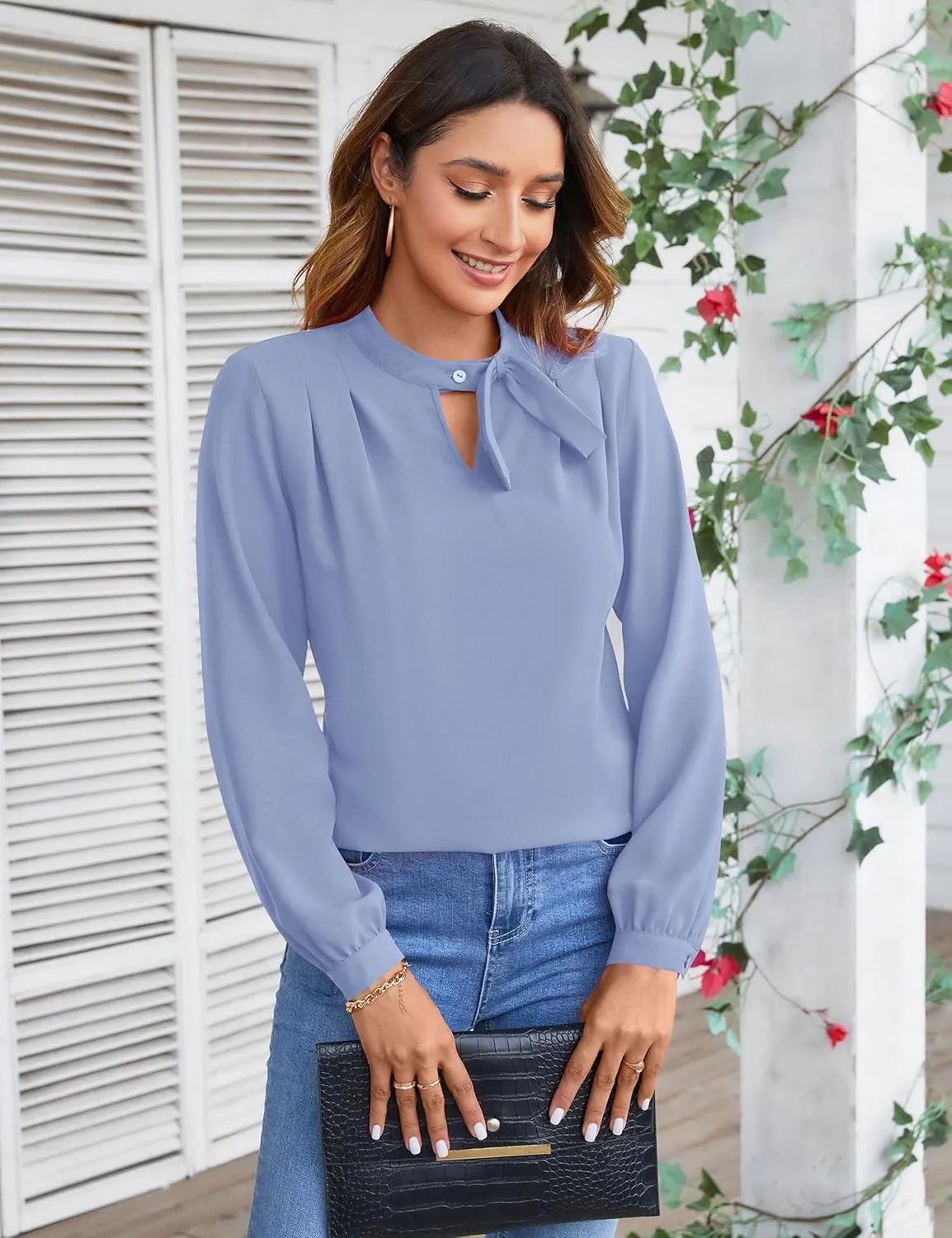 Blooming Jelly Womens Business Casual Tops Elegant Tie Neck Long Sleeve Dressy Fall Blouses 2024 Ladies Trendy Work Shirts