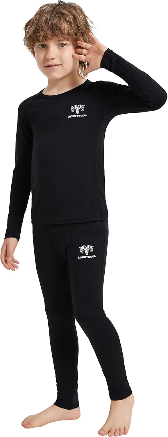 Boy Kids Merino Wool Base Layer Set Top and Bottom Thermal Underwear