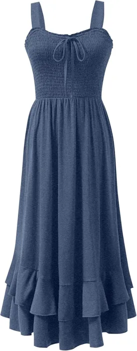 Caracilia Women's Smocked Maxi Dress Summer Casual Boho Sleeveless Strap Ruffle Backless Swing Flowy Beach Long Sundress