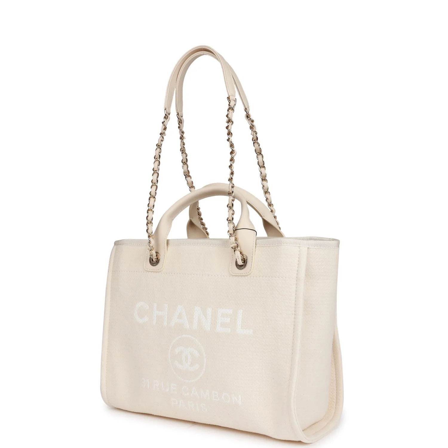 Chanel Large Deauville Shopping Bag White Boucle Light Gold Hardware
