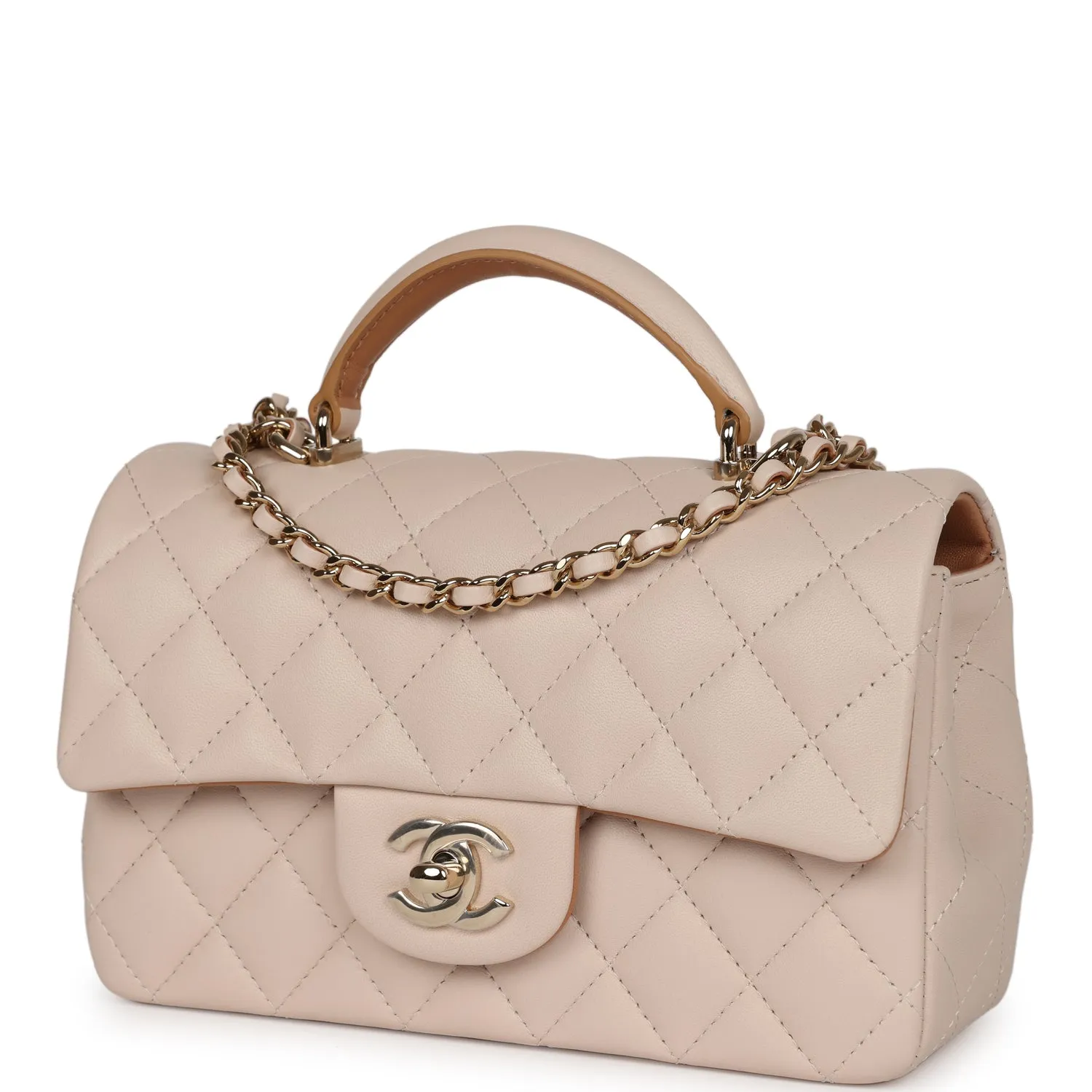 Chanel Mini Rectangular Flap with Top Handle Beige Lambskin Light Gold Hardware