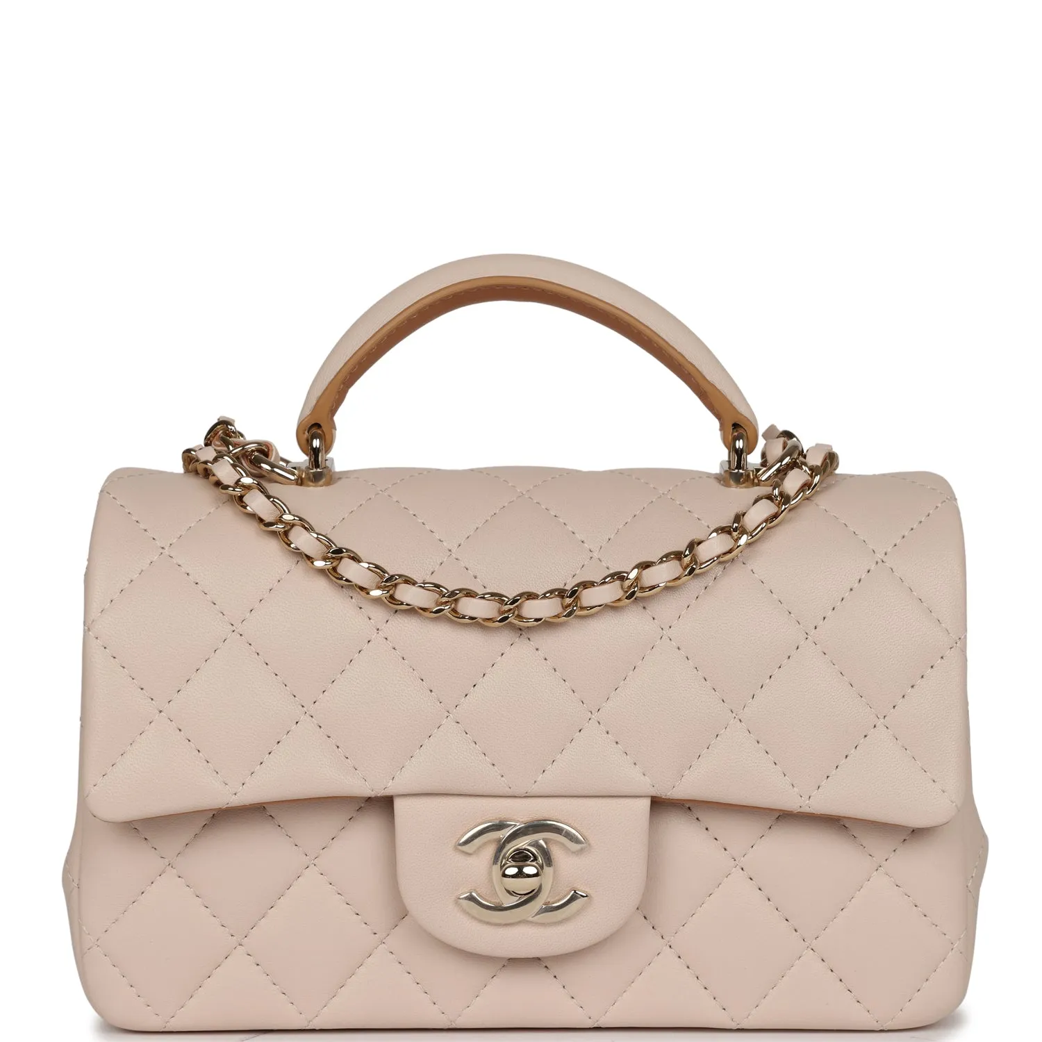 Chanel Mini Rectangular Flap with Top Handle Beige Lambskin Light Gold Hardware