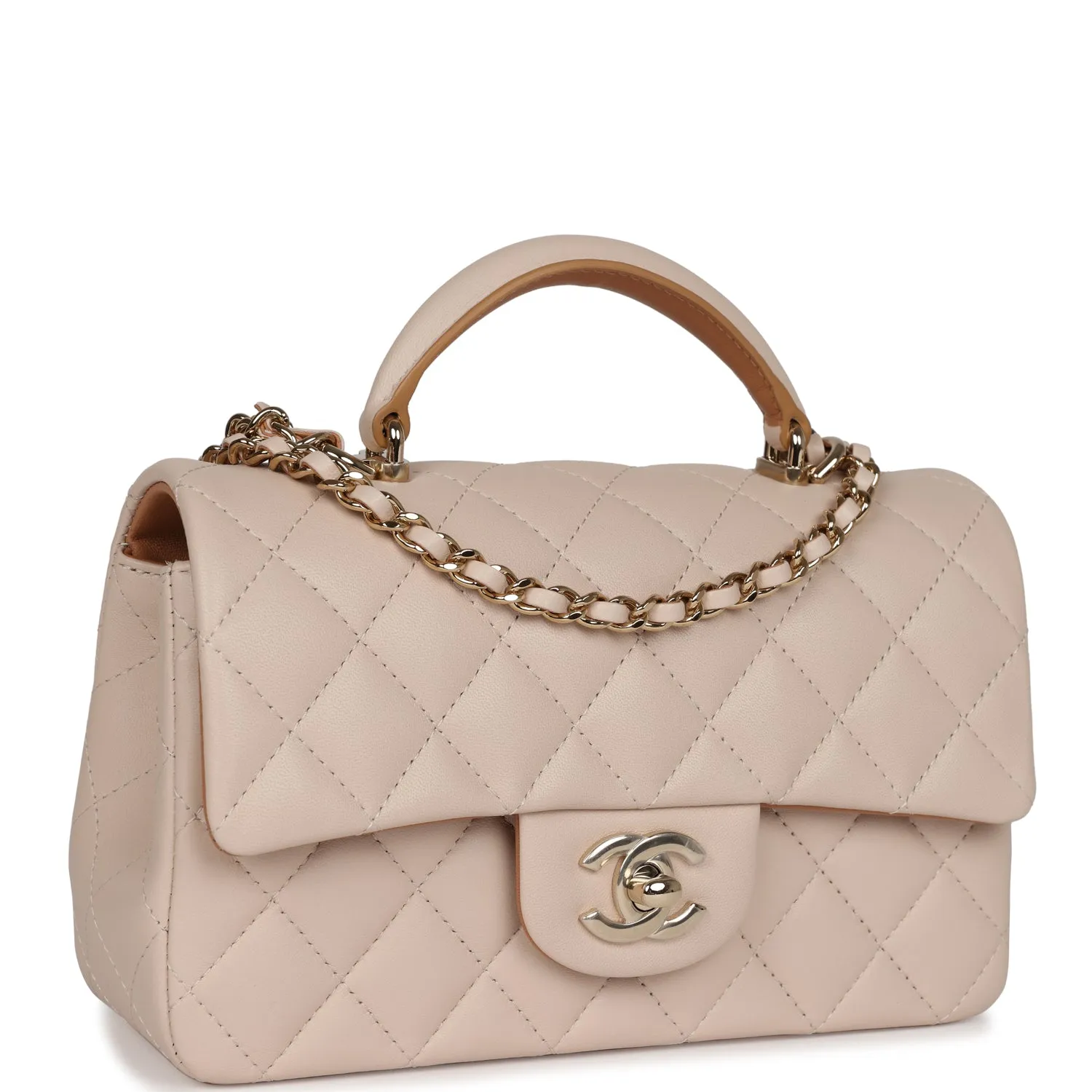 Chanel Mini Rectangular Flap with Top Handle Beige Lambskin Light Gold Hardware