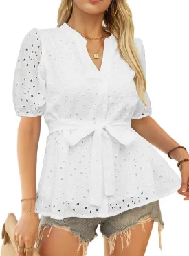 CiCiBird Women Dressy Button Blouses Puff Short Sleeve Tops Elegant Peplum Tie Front Shirt Eyelet Lace Embroidered Top