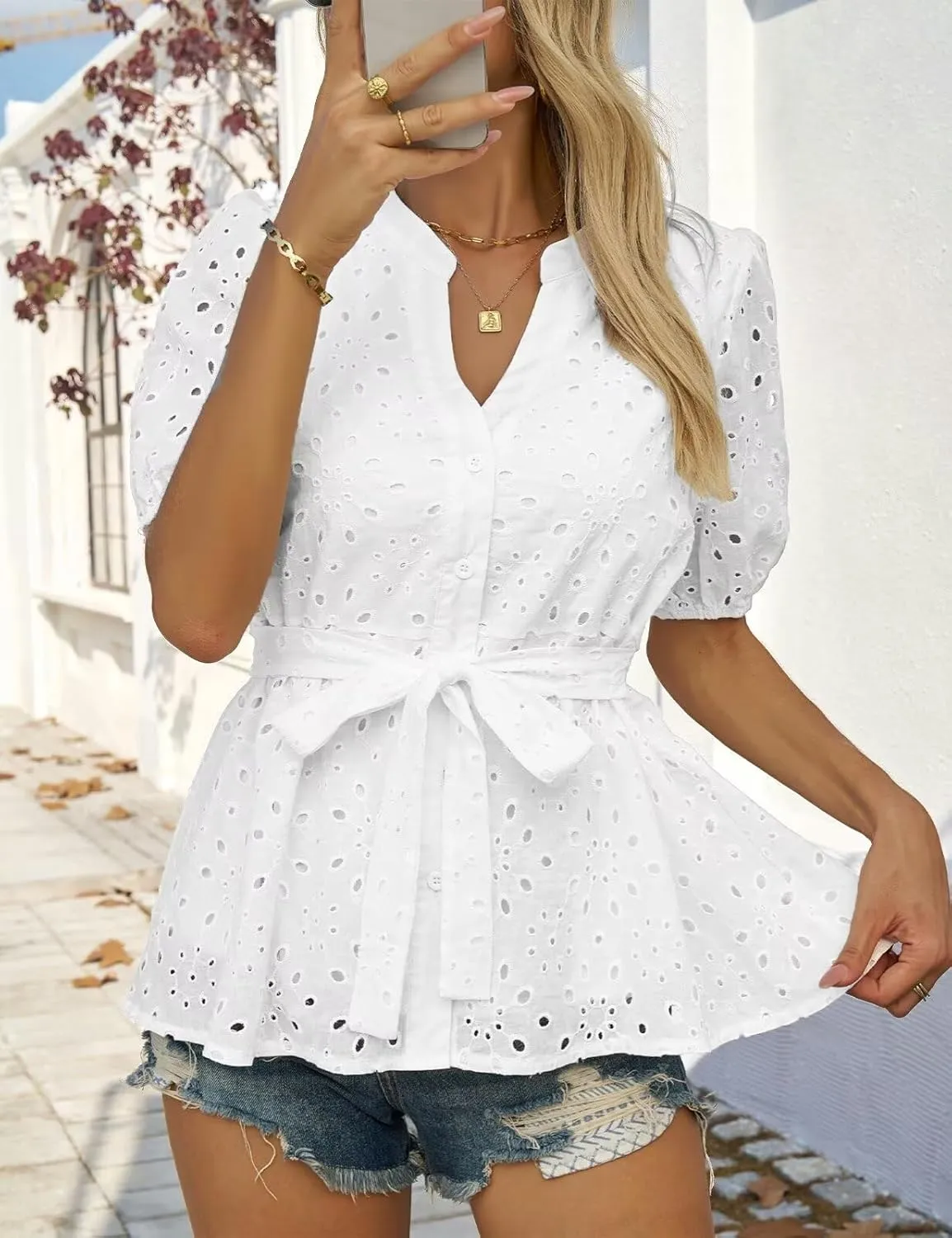 CiCiBird Women Dressy Button Blouses Puff Short Sleeve Tops Elegant Peplum Tie Front Shirt Eyelet Lace Embroidered Top