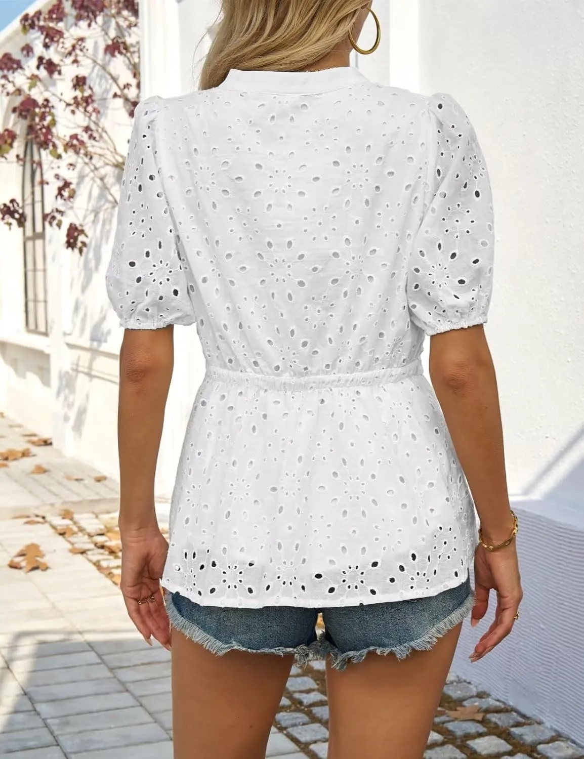 CiCiBird Women Dressy Button Blouses Puff Short Sleeve Tops Elegant Peplum Tie Front Shirt Eyelet Lace Embroidered Top