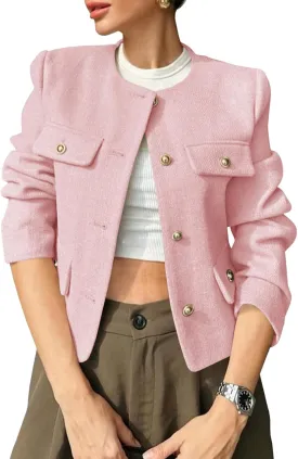 Cicy Bell Womens Cropped Tweed Blazer Jackets Collarless Button Down Business Casual Outfits with Pockets