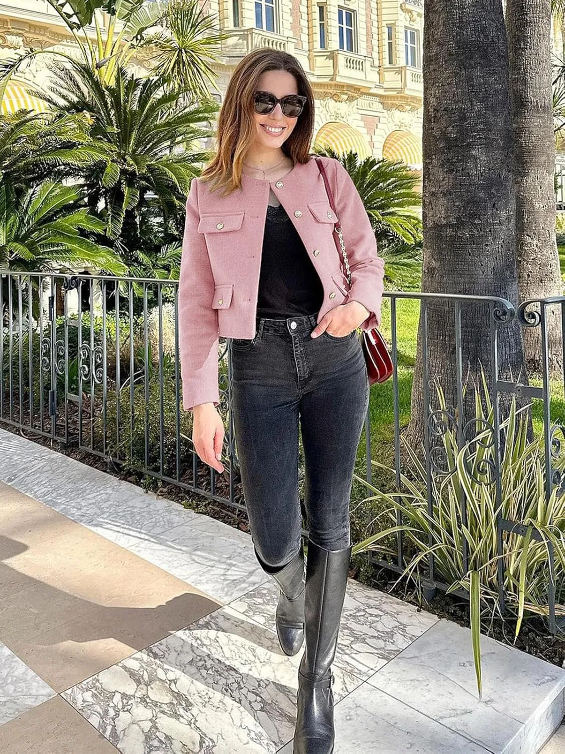Cicy Bell Womens Cropped Tweed Blazer Jackets Collarless Button Down Business Casual Outfits with Pockets
