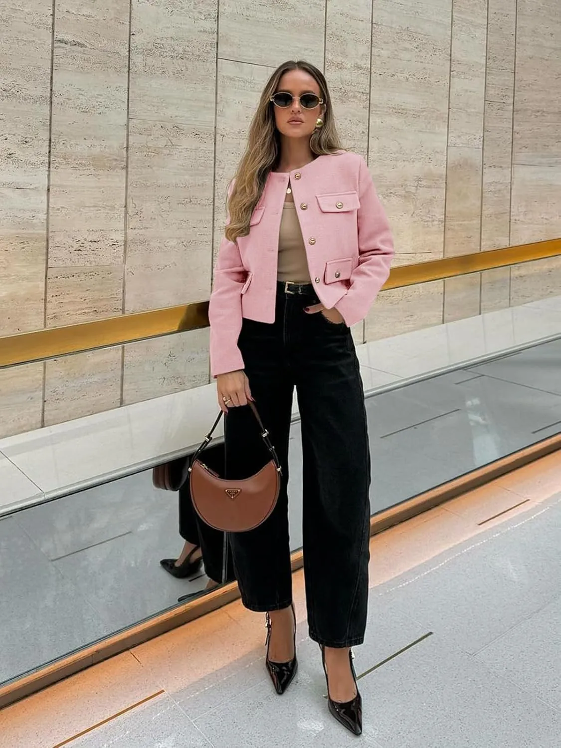 Cicy Bell Womens Cropped Tweed Blazer Jackets Collarless Button Down Business Casual Outfits with Pockets