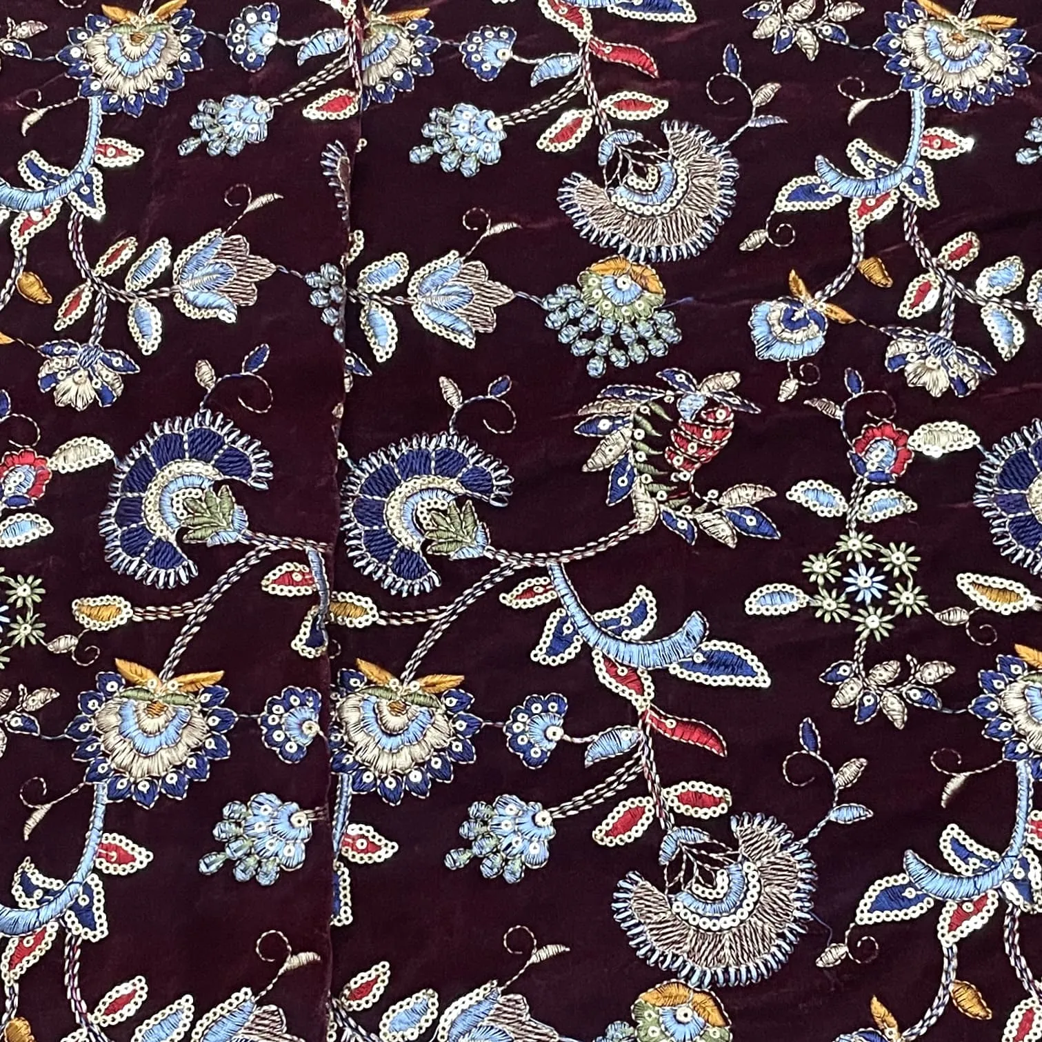 Classic Maroon Floral Sequins Embroidery Velvet Fabric