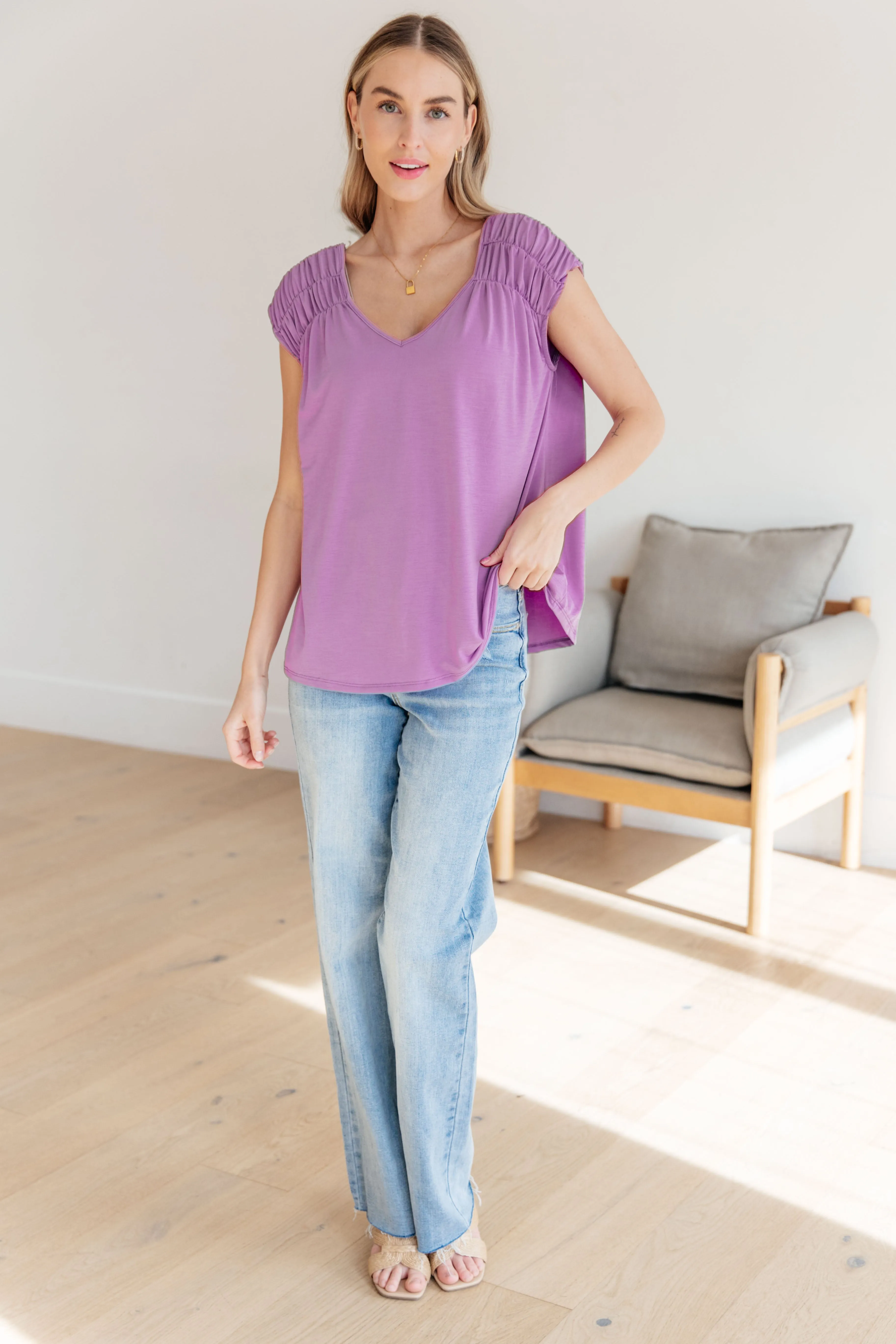 Dear Scarlett Ruched Cap Sleeve Top in Lavender