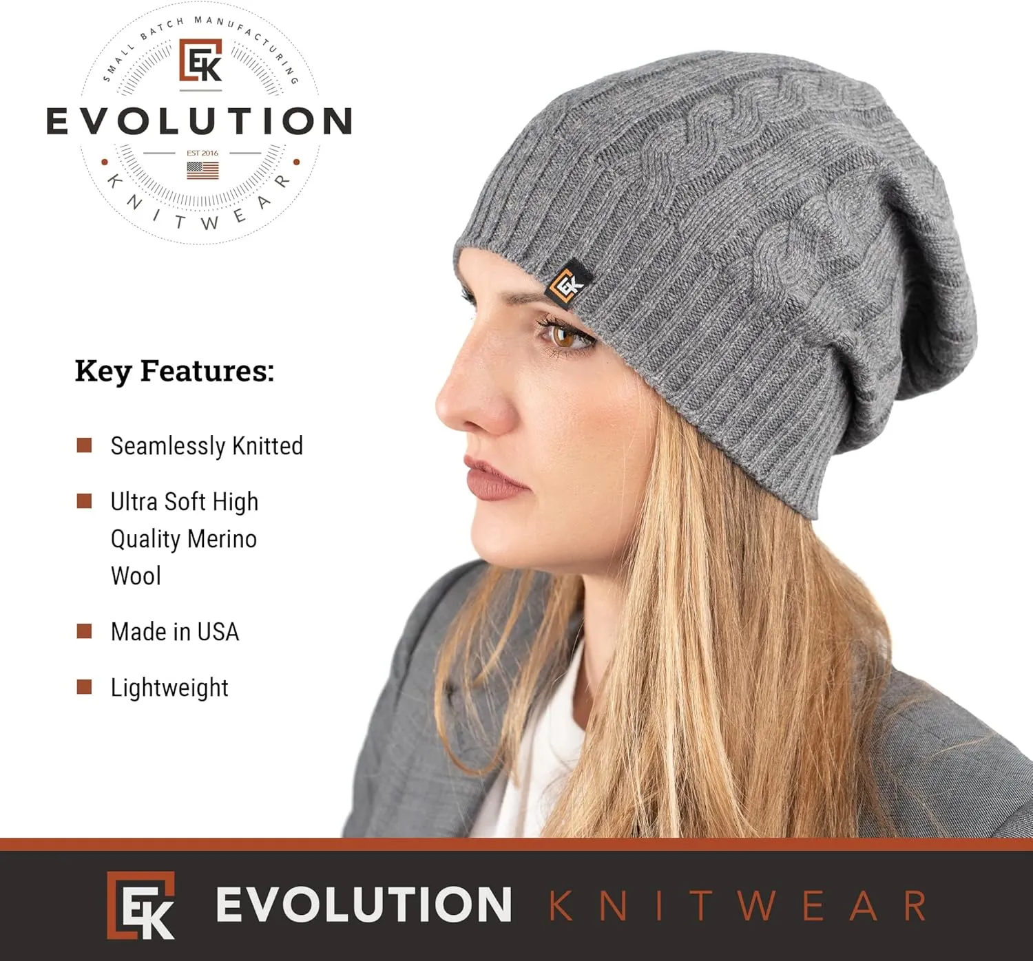 Evolution Knitwear Wool Cable Knit Beanie Hat for Men or Women - Super Soft Merino Wool - Made in The USA