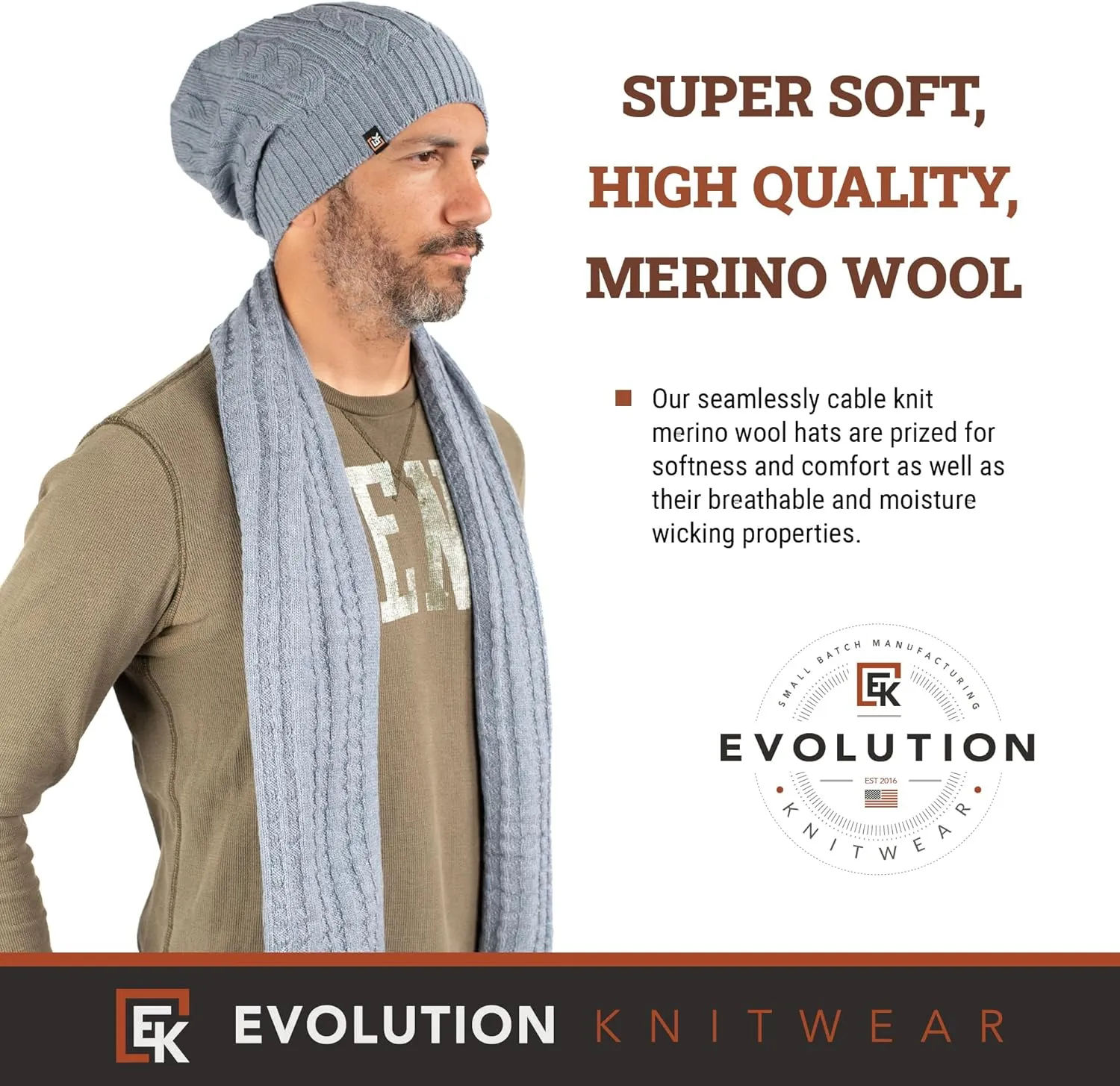 Evolution Knitwear Wool Cable Knit Beanie Hat for Men or Women - Super Soft Merino Wool - Made in The USA