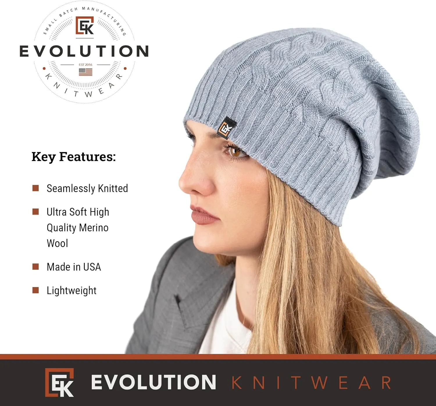 Evolution Knitwear Wool Cable Knit Beanie Hat for Men or Women - Super Soft Merino Wool - Made in The USA