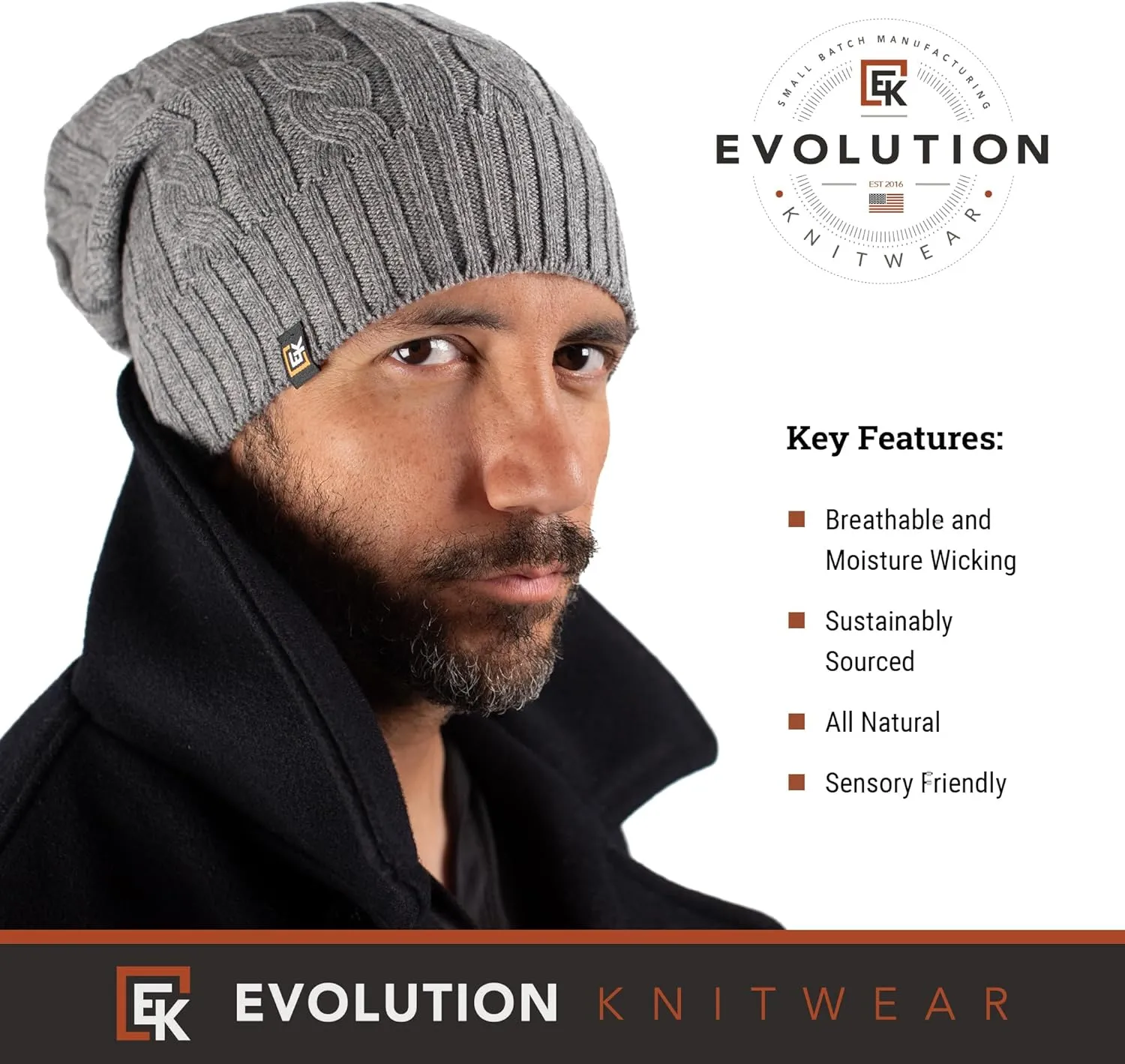 Evolution Knitwear Wool Cable Knit Beanie Hat for Men or Women - Super Soft Merino Wool - Made in The USA