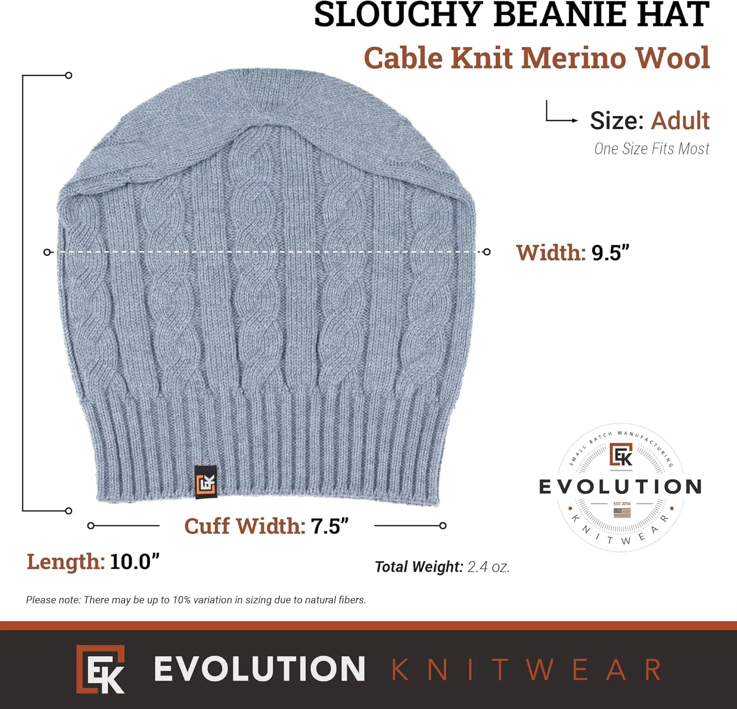 Evolution Knitwear Wool Cable Knit Beanie Hat for Men or Women - Super Soft Merino Wool - Made in The USA