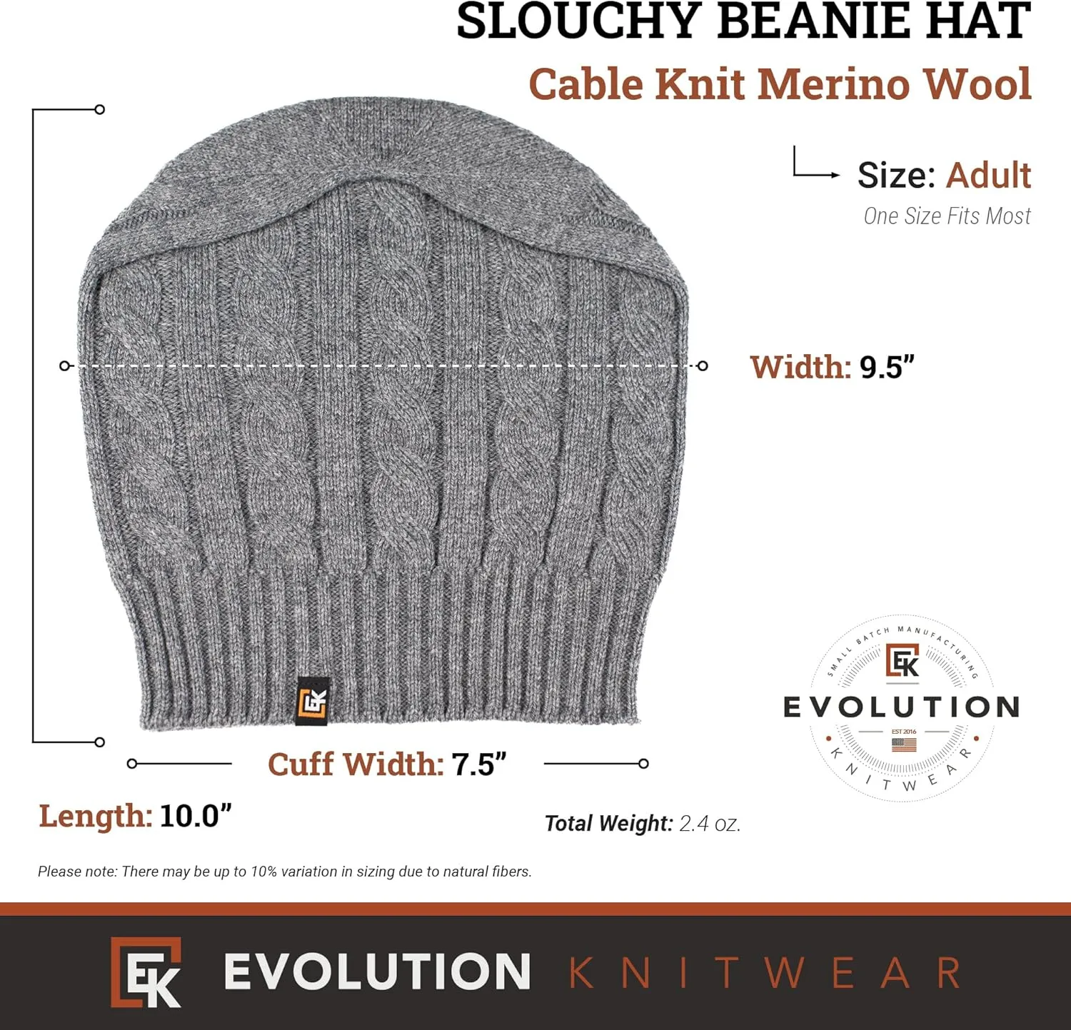 Evolution Knitwear Wool Cable Knit Beanie Hat for Men or Women - Super Soft Merino Wool - Made in The USA