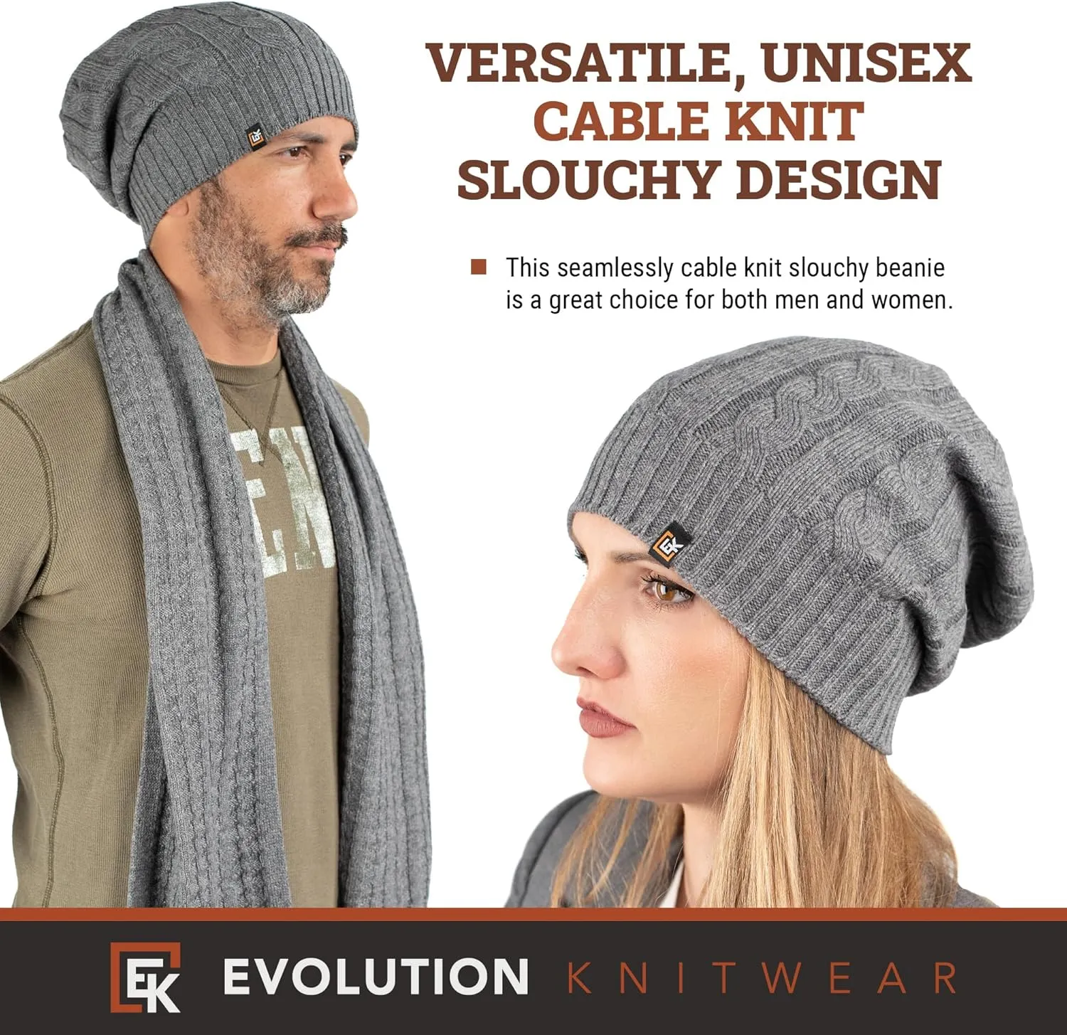 Evolution Knitwear Wool Cable Knit Beanie Hat for Men or Women - Super Soft Merino Wool - Made in The USA