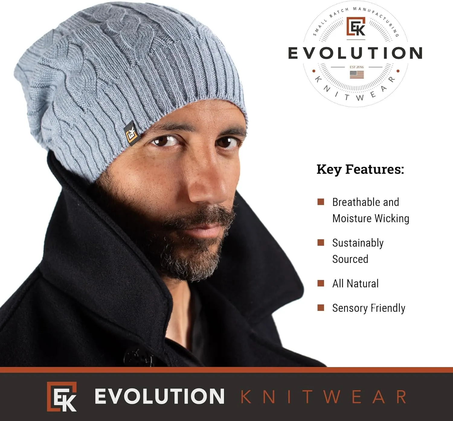 Evolution Knitwear Wool Cable Knit Beanie Hat for Men or Women - Super Soft Merino Wool - Made in The USA