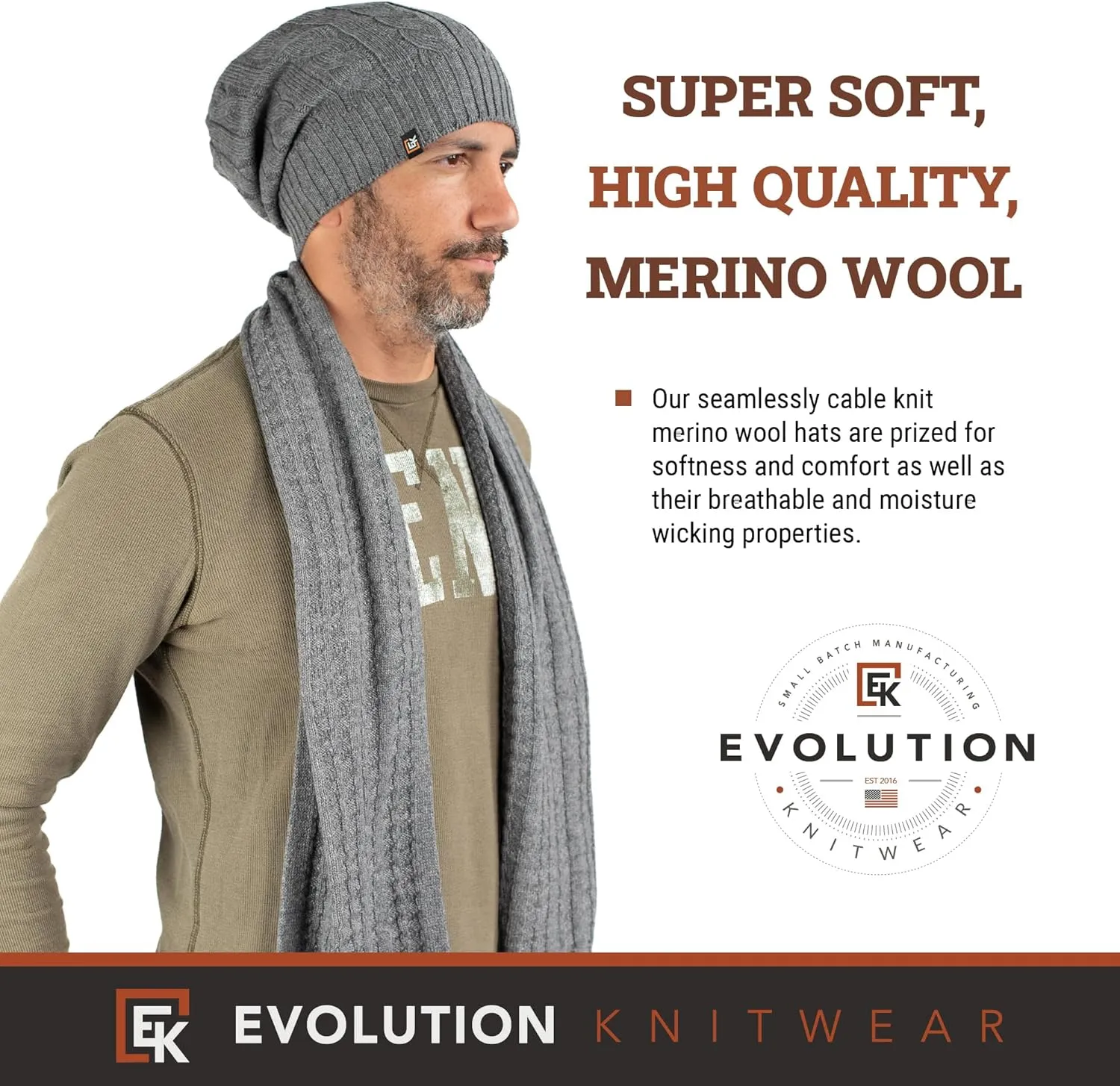 Evolution Knitwear Wool Cable Knit Beanie Hat for Men or Women - Super Soft Merino Wool - Made in The USA