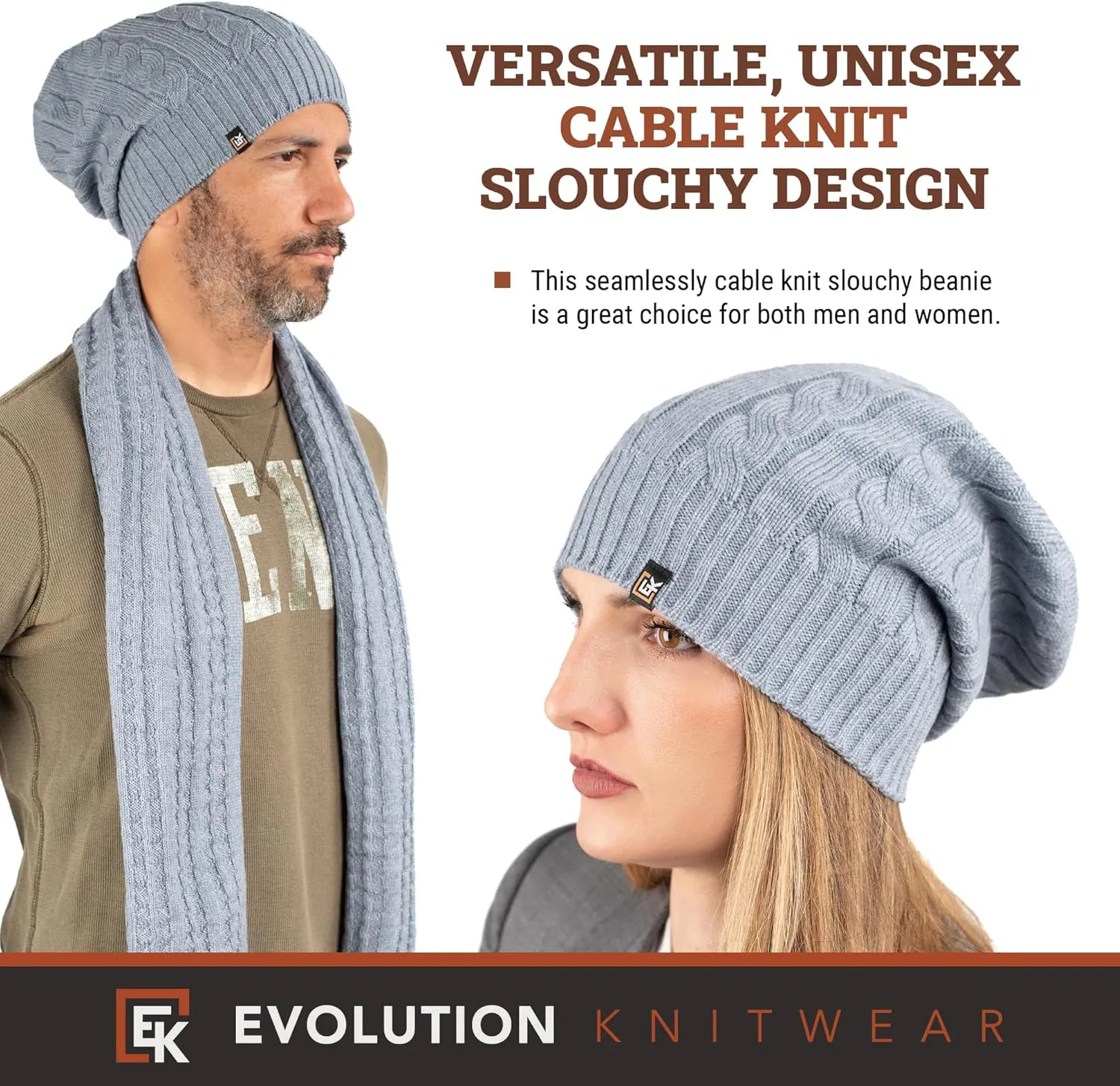 Evolution Knitwear Wool Cable Knit Beanie Hat for Men or Women - Super Soft Merino Wool - Made in The USA
