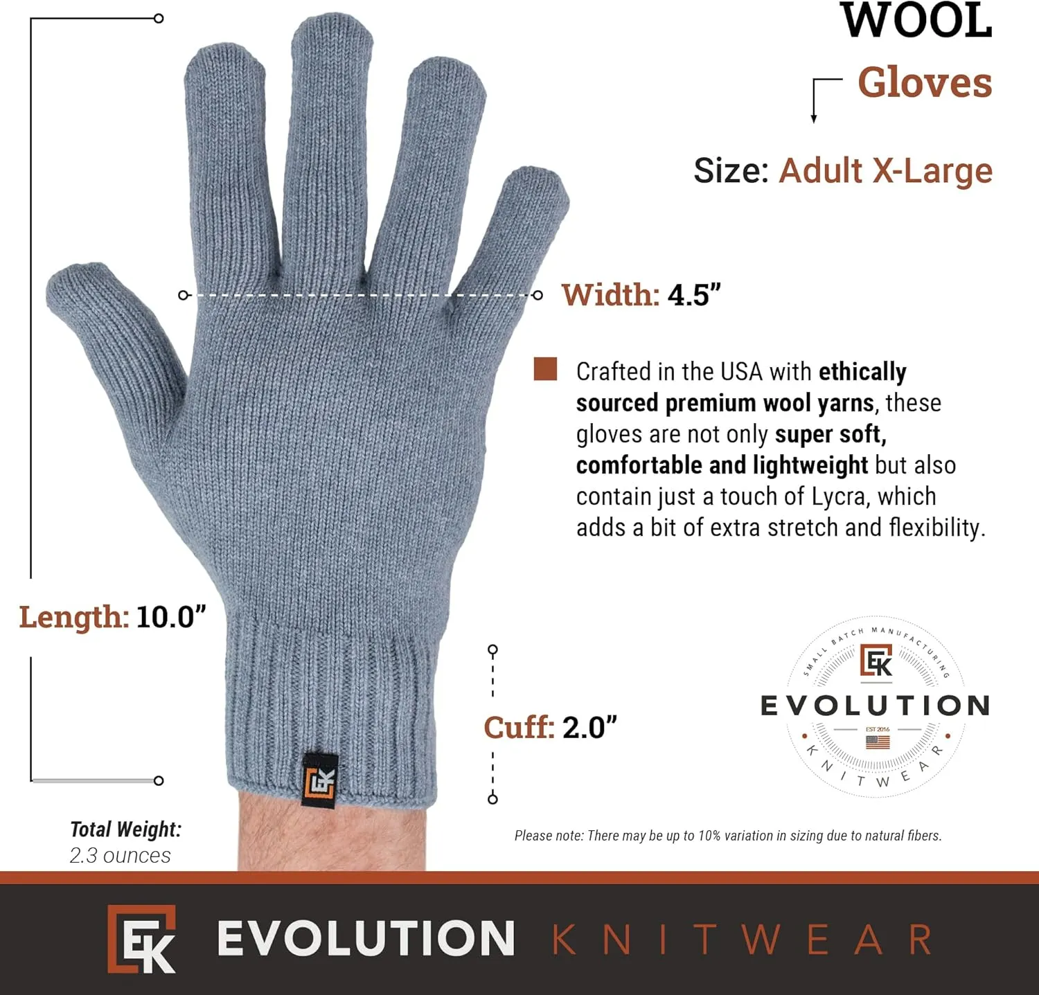 Evolution Knitwear Wool Knit Gloves - Made in the USA - Super Soft Merino Wool - Men's - XL