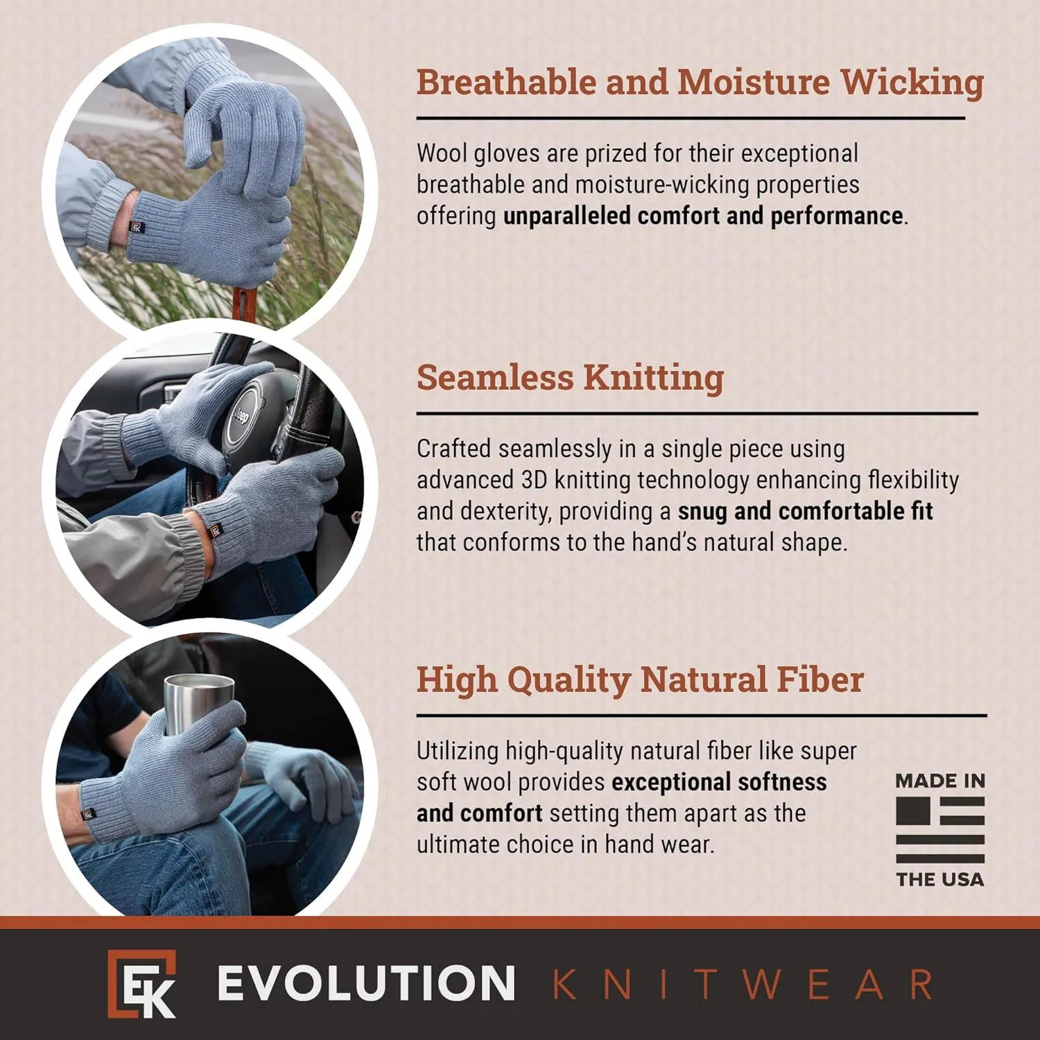 Evolution Knitwear Wool Knit Gloves - Made in the USA - Super Soft Merino Wool - Men's - XL
