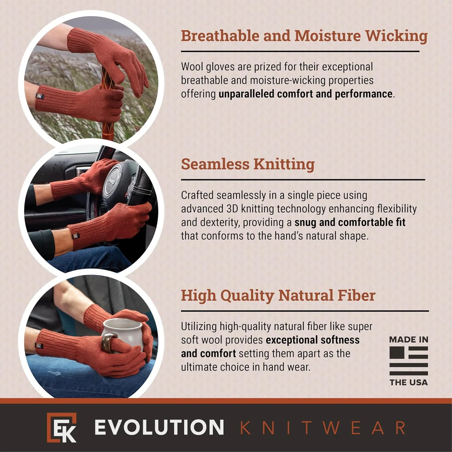 Evolution Knitwear Wool Knit Gloves - Super Soft Merino Wool - Made in the USA - Small