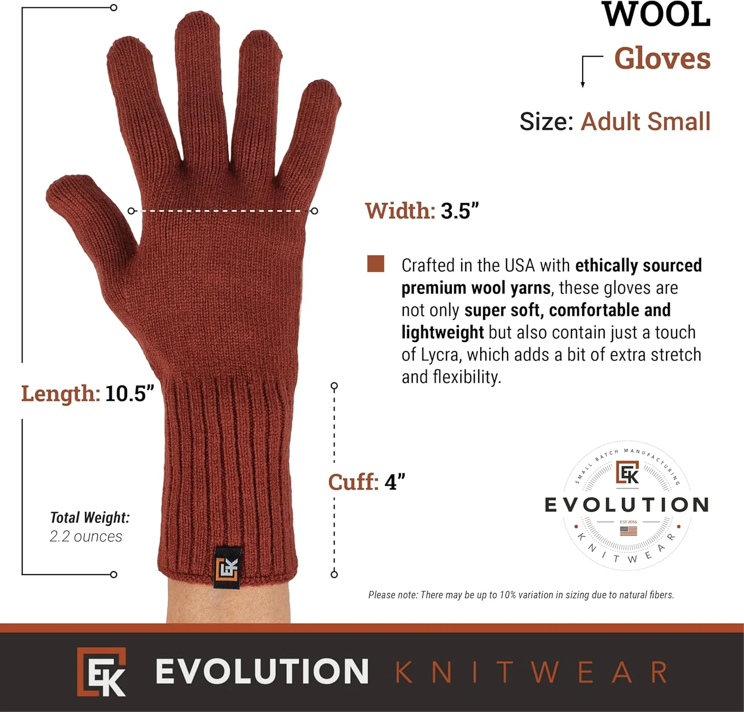 Evolution Knitwear Wool Knit Gloves - Super Soft Merino Wool - Made in the USA - Small