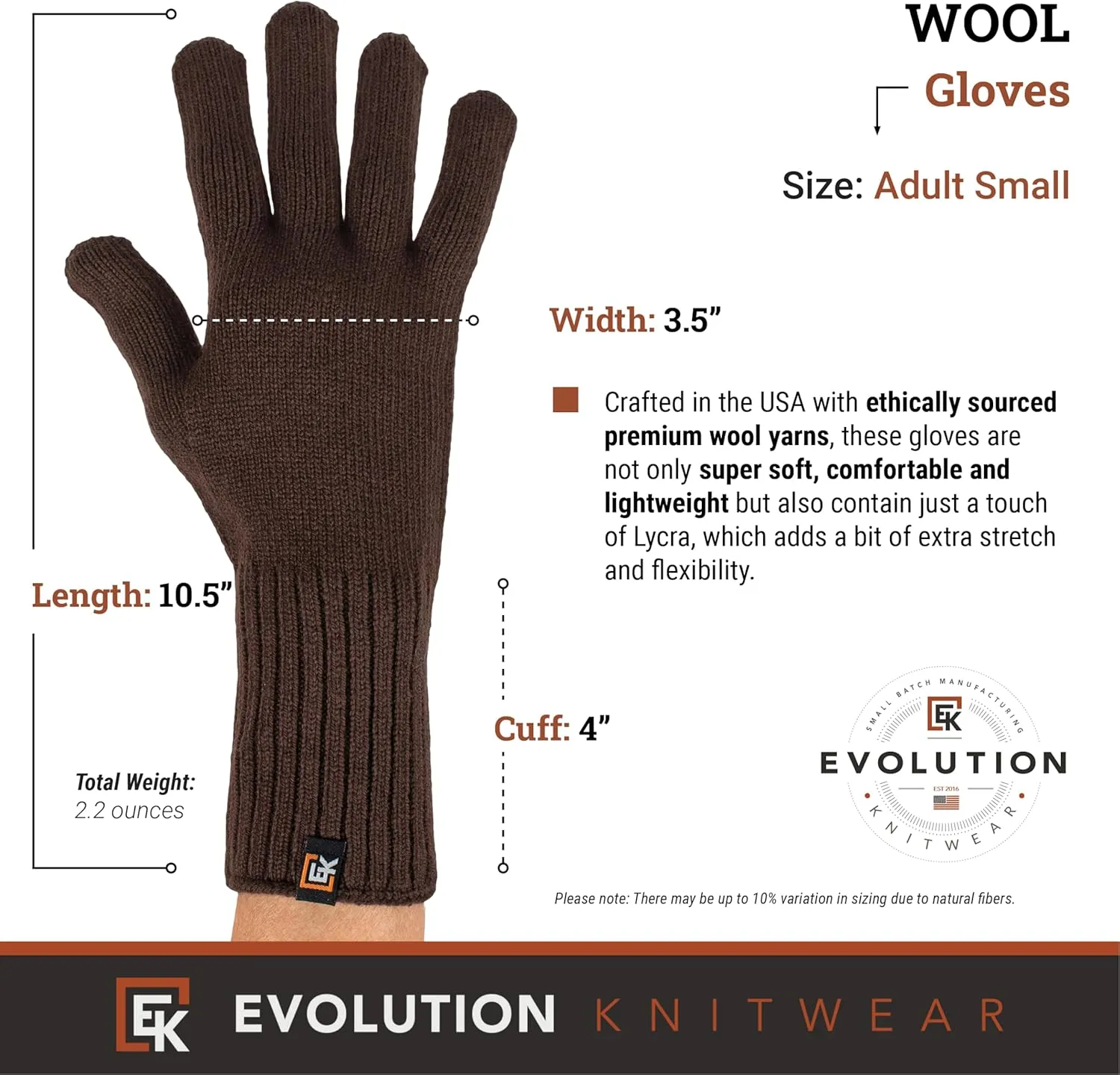 Evolution Knitwear Wool Knit Gloves - Super Soft Merino Wool - Made in the USA - Small