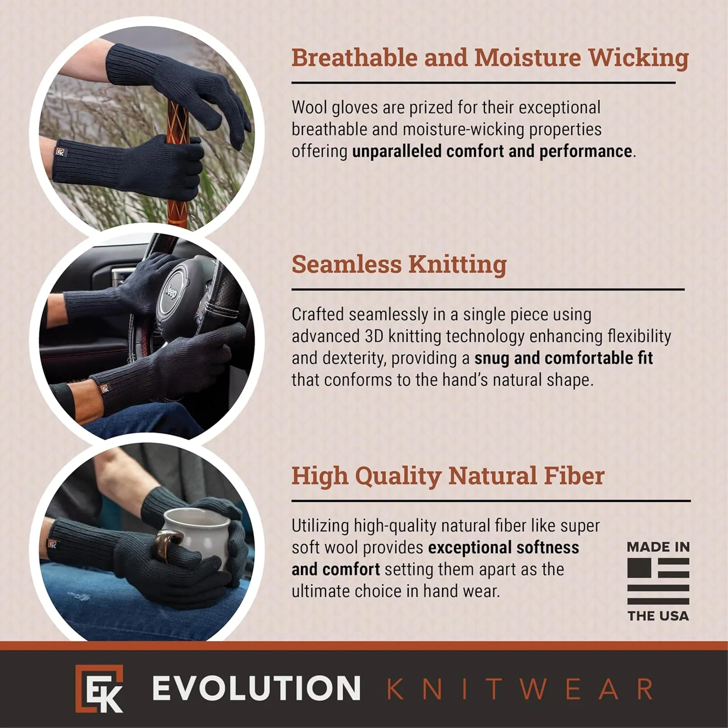 Evolution Knitwear Wool Knit Gloves - Super Soft Merino Wool - Made in the USA - Small