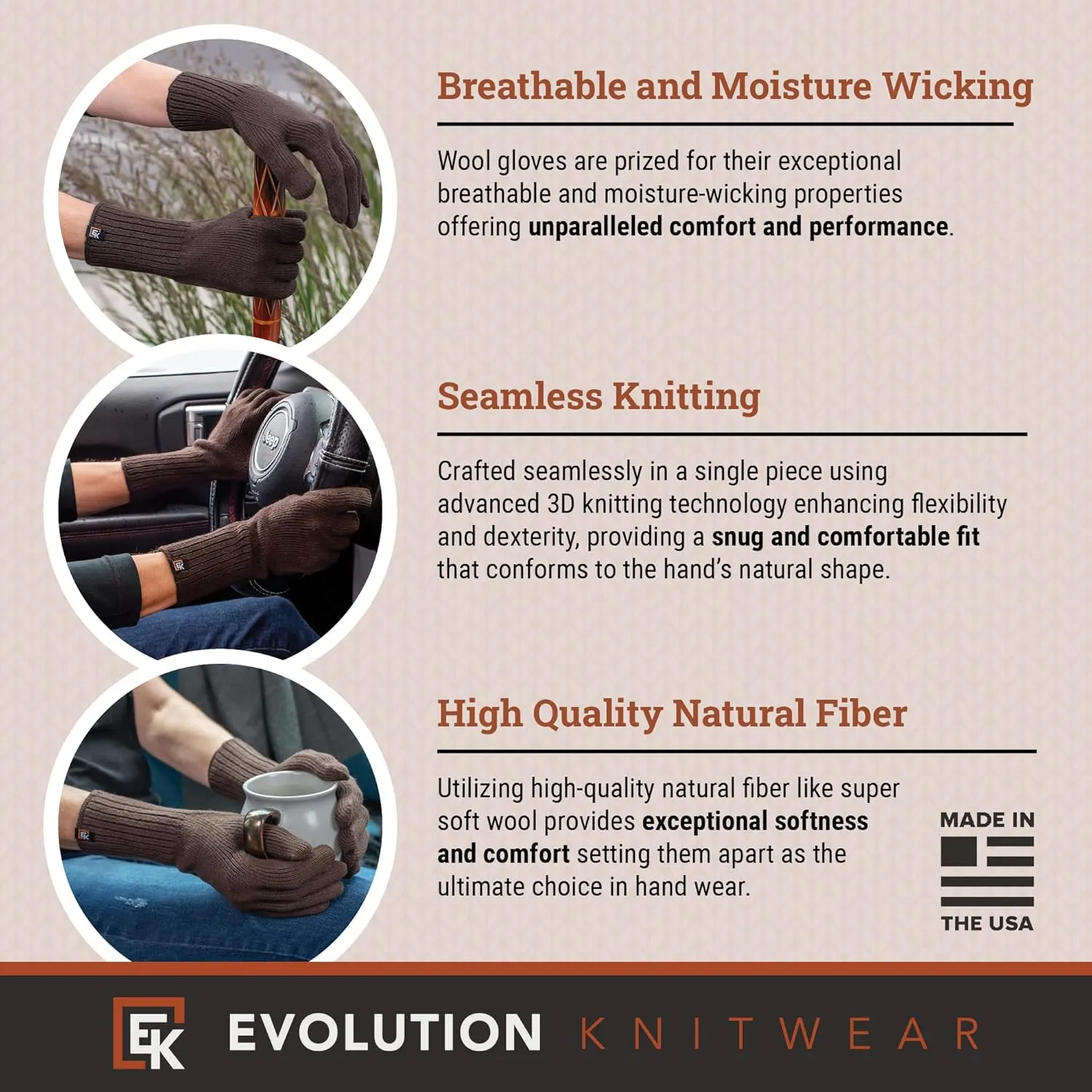 Evolution Knitwear Wool Knit Gloves - Super Soft Merino Wool - Made in the USA - Small
