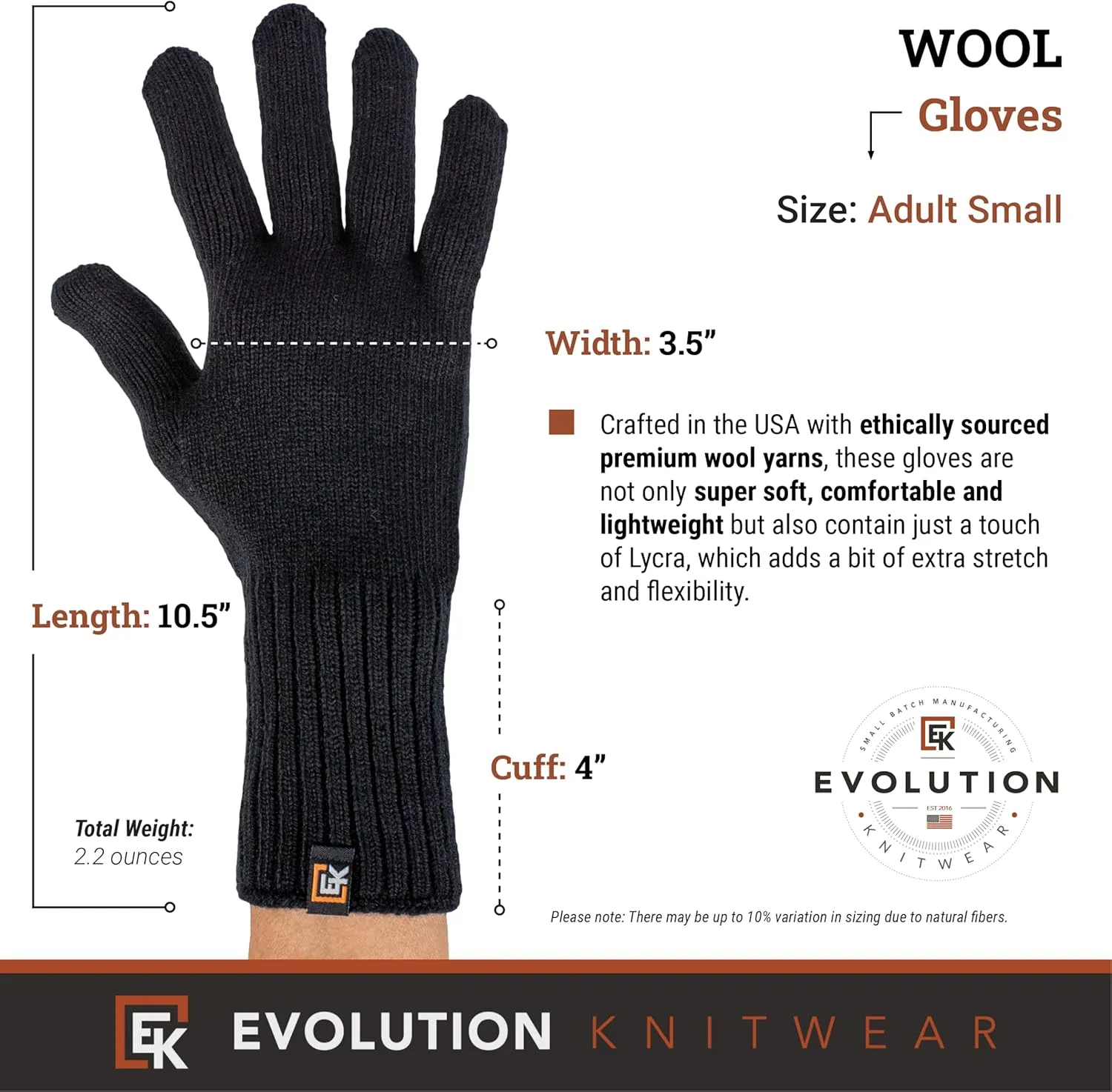 Evolution Knitwear Wool Knit Gloves - Super Soft Merino Wool - Made in the USA - Small