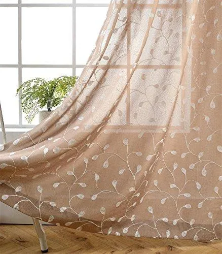 Floral Embroidery Semi Sheers Curtain Faux Linen Grommet Window Curtains for Office 52 x 95 Inch 2 Panels, Taupe