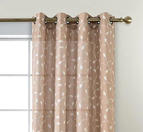 Floral Embroidery Semi Sheers Curtain Faux Linen Grommet Window Curtains for Office 52 x 95 Inch 2 Panels, Taupe