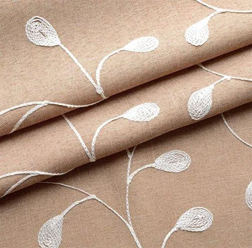 Floral Embroidery Semi Sheers Curtain Faux Linen Grommet Window Curtains for Office 52 x 95 Inch 2 Panels, Taupe