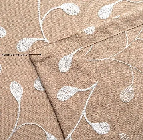 Floral Embroidery Semi Sheers Curtain Faux Linen Grommet Window Curtains for Office 52 x 95 Inch 2 Panels, Taupe