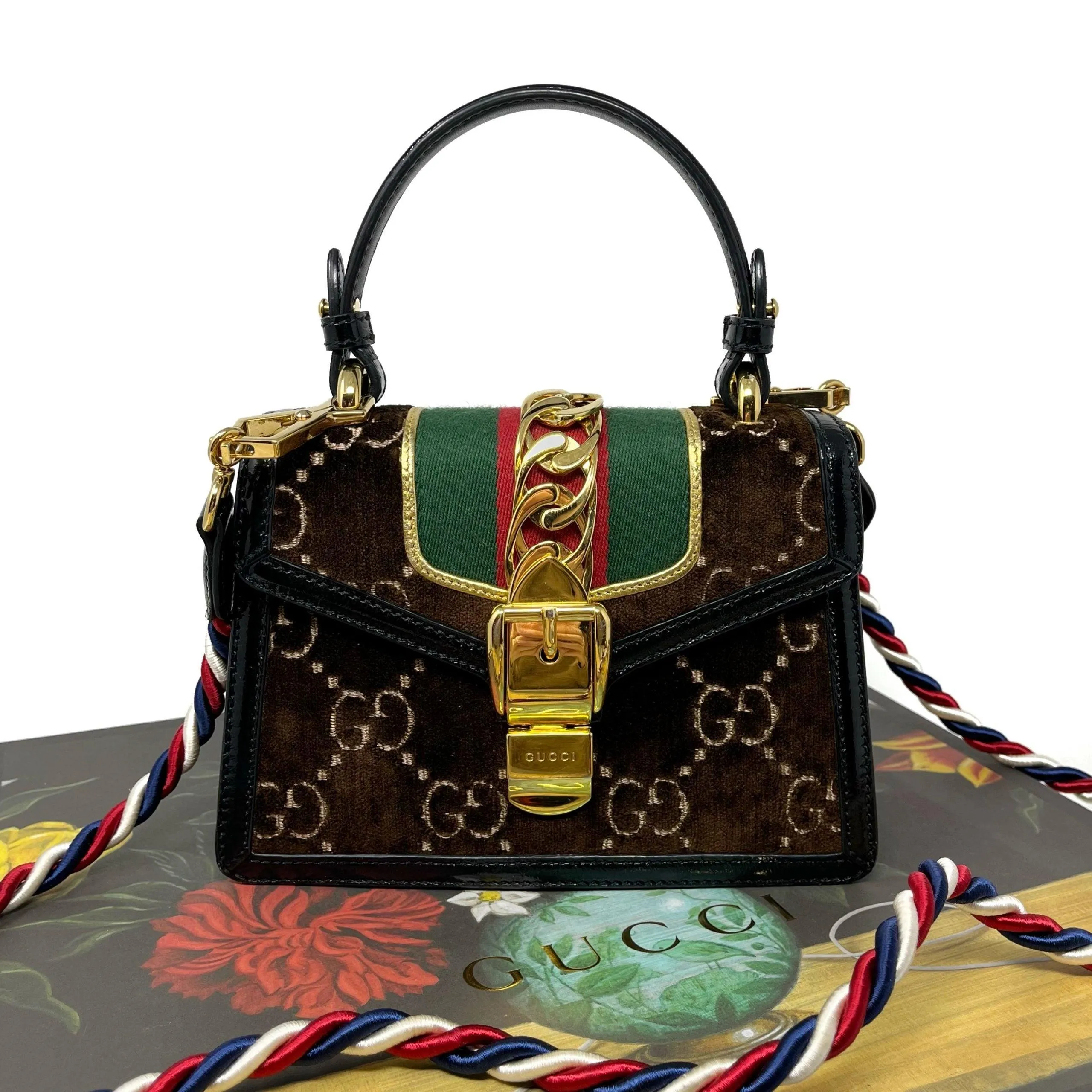 Gucci Brown Velvet Mini Sylvie Top Handle Bag