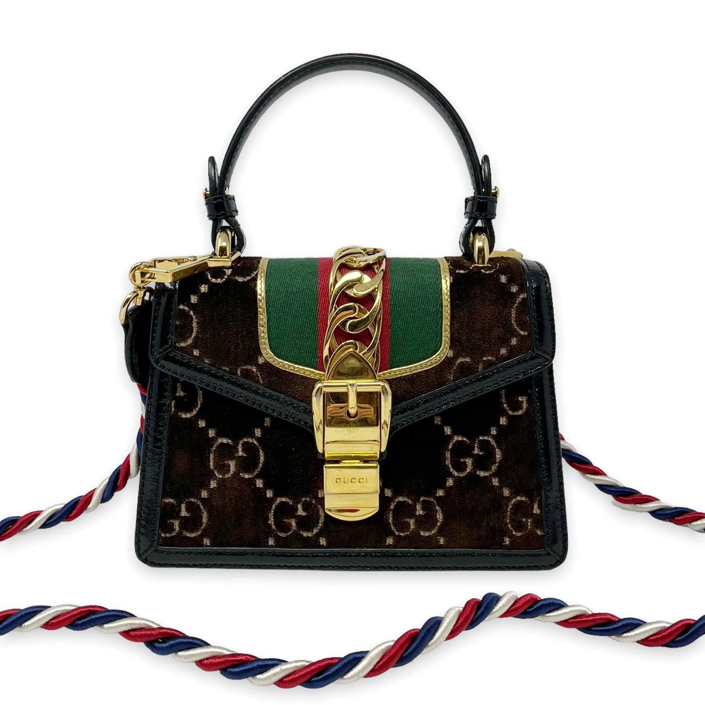 Gucci Brown Velvet Mini Sylvie Top Handle Bag