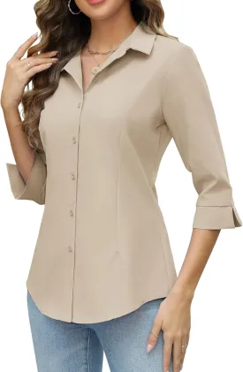 HOTOUCH Women Button Down Shirts 3/4 Sleeve Basic Business Dress Shirt Slim Fitted Classic V Neck Button Up Work Blouse Tops