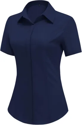 HOTOUCH Women Short Sleeve Button Down Shirts Business Work Fitted Collared Blouse Office Basic 2025 Summer Tops S-2XL